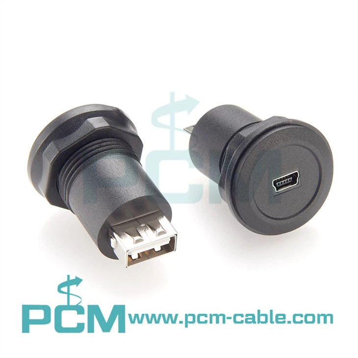 USB Mini B Jack to USB A Jack Round Panel Mount Adapter