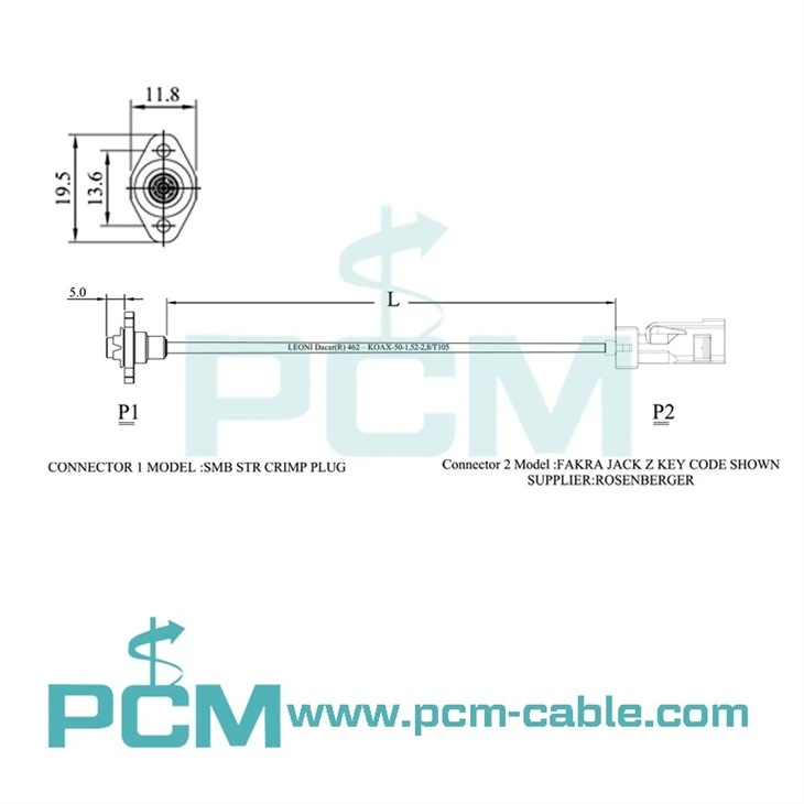 Drawing of Customizable Fakra Female to SMB Flange Mount Cable for Automotive rearview Mirror Cameras